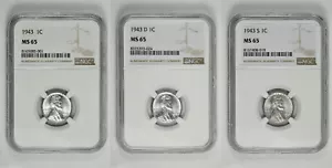 1943 P D S 1c Lincoln Steel Wheat Cent NGC MS 65 Three Coin Lot - Picture 1 of 5