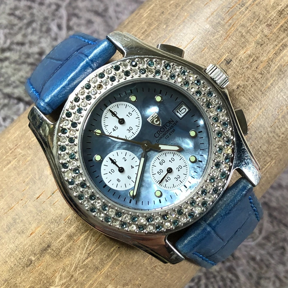 Reloj Croton Chronomaster Mujer Cronógrafo Pavé Cuero Azul Cuarzo 36mm 7 1/2" Foto 1 de 4
