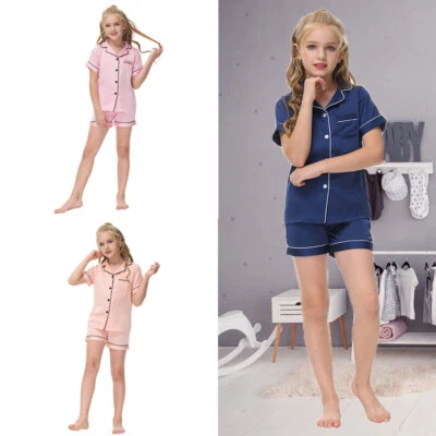 Kids Soft Silk Satin Pajamas Set Sleepwear Nightwear Short Sleeve Cool Set Gift - Image 1 of 4