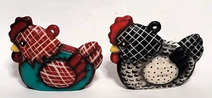 Vintage Handmade Ceramic 2 Country Gingham pattern Chicken Ornaments (FLAW) - Picture 1 of 6