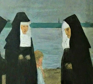 Schirmer o.ä.-(?) schickes Aquarell: NONNEN MIT KIND AM SANDSTRAND AN DER ELBE - Bild 1 von 12