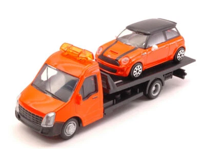 MODELLINO FURGONE CARRO ATTREZZI STATICO BURAGO + AUTO MINI COOPER SCALA 1:43 - Immagine 1 di 2