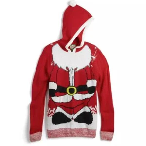 Novelty Holiday Party Christmas Sweater Sz L Red Fuzzy Hooded Santa Ugly Kitsch - Picture 1 of 9