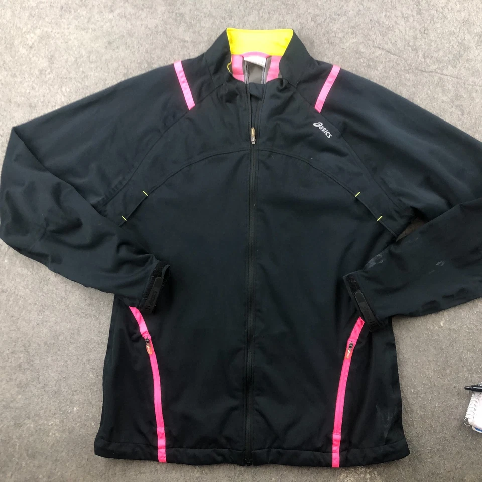 Chaqueta ASICS Mujer Grande Negra Rosa Cremallera Completa Correr Reflectante Senderismo Aire Libre Foto 1 de 4