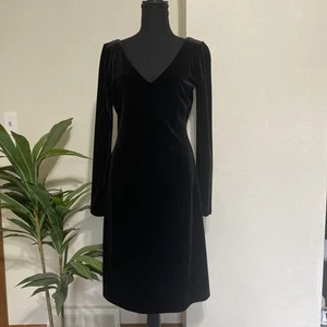 LRL Ralph Lauren VTG Dress MP Black Velvet Plunge VNeck L/S Stretch Elegant Goth - Picture 1 of 12