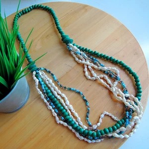 Turquoise Colour Wood Beads & Natural Shell & Glass Bead Necklace, SPN-55 - Picture 1 of 6