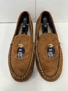 Polo Ralph Lauren Herren Größe 9 Bär bestickt Mokassin Hausschuhe Memory Foam hellbraun - Bild 1 von 12