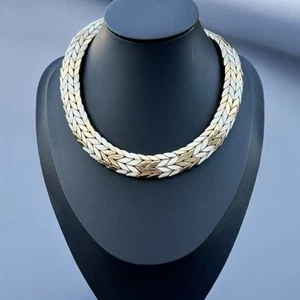 Vintage Ciner weiß Emaille goldfarben Halsband Halskette Chevron Fischgrätmuster - Bild 1 von 6