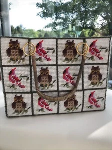 Patchwork Needlepoint Owls And Cardinals Purse Hand Bag. 3x9x12” 1970s handmade - Picture 1 of 4