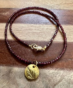 Garnet Necklace with Botanical Gold Fern Pendant, Gold Filled Clasp, 16.5 inch - Picture 1 of 10