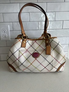 COACH Vintage Y2K Large Cream Canvas Shoulder Handbag Multi Color Leather Trim - Bild 1 von 15