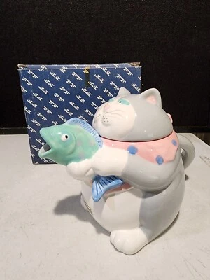 Tetera de cerámica Fitz & Floyd 1987 vintage gato gris con pescado NUNCA USADA EN CAJA Foto 1 de 4