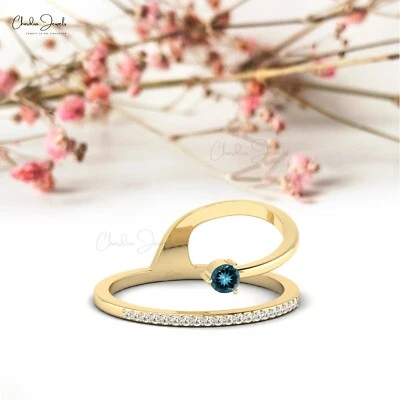 0.10 CT London Blue Topaz 14k Solid Gold Diamond Unique Open Cuff Ring For Women - Image 1 of 4