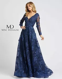 MAC DUGGAL 20108D Navy Floral 3D Applique Embroidered Lace Maxi Ball-Gown 4 💙 - Picture 1 of 9
