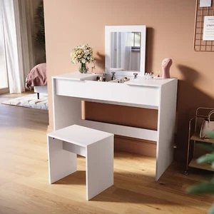White Foldable Mirror Bedroom Dressing Table Makeup Desk Vanity Set with Stool - Picture 1 of 13