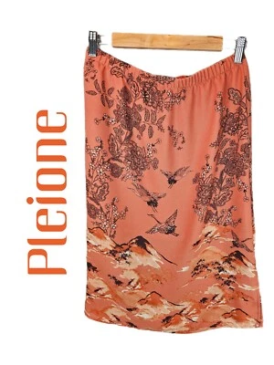 Pleione Women Crane Floral Mountains Pull On Elastic Waist Skirt Sz-S Terracotta - Image 1 of 4