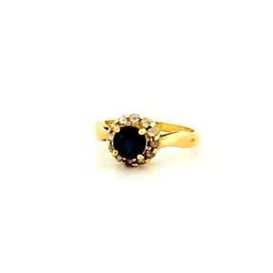 Vintage Estate 14k Yellow Gold Sapphire & Diamond Halo Statement Ring, Size 7 - Picture 1 of 15