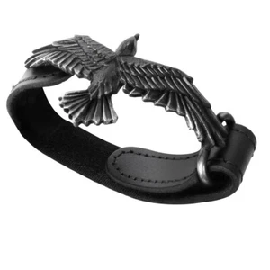 Alchemy Gothic Black Consort Black Leather Bracelet Wristband Flying Raven Crow - Picture 1 of 4