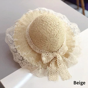 Little Girl Kid Lace Straw Hat Bowknot Sun Visor Cap Wide Brim Summer Beach Chic - Picture 1 of 13