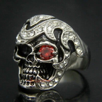 男式朋克 Goth 316L 不锈钢头骨铺 CZ 红眼骑手戒指 尺寸 7-13 — 第 1/4 张图片