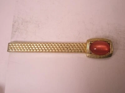 2-5/16" Pink Cabochon Gold Tone Vintage Tie Bar Clip simple design - Image 1 of 4