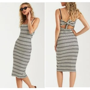 Billabong Dress Size Large CutOut Black Stripe Midi Midnight Tropic Bodcon - Picture 1 of 11