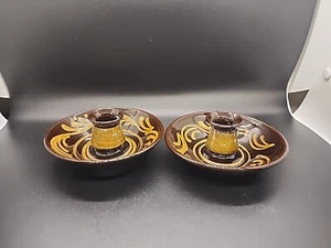 4.5" Norsk Folkemuseum Vtg Studio Pottery Candlestick Holders in Brown, Norway - Picture 1 of 9