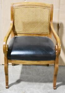 Sam Moore Walnut Louis XV Style Cain Back Arm Chair with Black Leather Fabric
