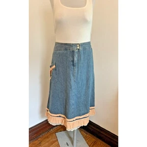 J. Jill VTG Midi Skirt 14P Blue Denim Boho Lace Jean Pocket Western Bow Cream - Picture 1 of 16