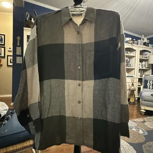 Blusa Camisa Ellen Tracy Company 100% Lino Botón Mujer Grande Oliva Cuadros - Imagen 1 de 6