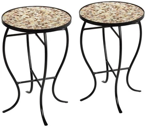 Modern Black Outdoor Accent Tables 14" Wide Set of 2 Natural Mosaic Porch Patio - Picture 1 of 7