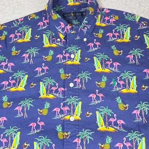 Camisa Hawaiana Ralph Lauren Para Hombres XL Azul Calce Clásico Flamenco Piña Playa - Imagen 1 de 10