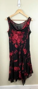Connected Apparel Dress XL Floral Y2K Asymmetric Sheer Overlay Red Black Midi - Picture 1 of 14