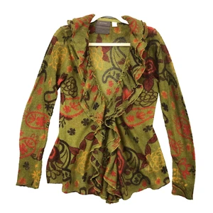 Guinevere Mohair Merino Wool Floral Cardigan Sweater Womens L Ruffle Collar/Hem - Picture 1 of 13