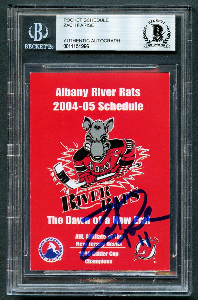 Autógrafo firmado por Zach Parise automático 2004-05 Pocket River Rats Schedule BAS losa Foto 1 de 1