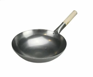 11'' Carbon Steel Wok Deep Chinese Asian Cooking Wooden Handle Stir Fry Pan Flat - Picture 1 of 6