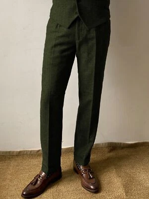 Mens Retro Tweed Dress Pants Vintage Herringbone Adjustable Waist Suit Trousers - Image 1 of 2