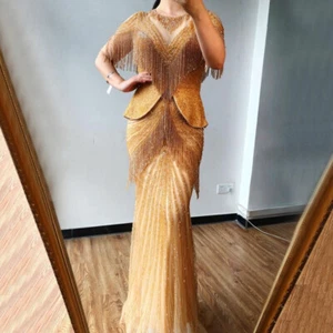 Vestidos de noche de sirena brillantes de lujo media manga borlas cremallera trasera vestido de graduación - Imagen 1 de 12