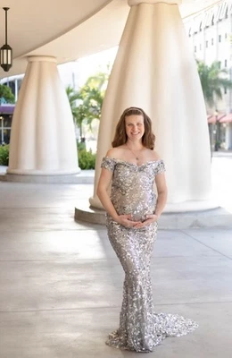 Silver Sequin Maternity Gown Short Sleeve Photo Shoot Dress (M) - Image 1 of 4