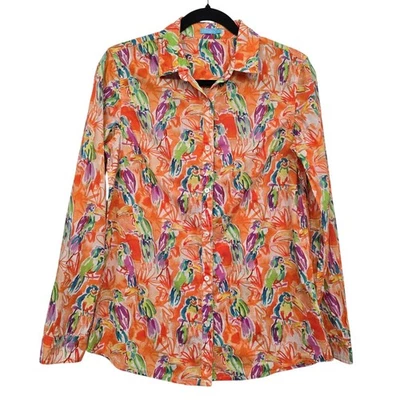 J.McLaughlin Parrot Print Button Down Shirt Sz S Tropical Orange Coastal Resort - Image 1 of 4