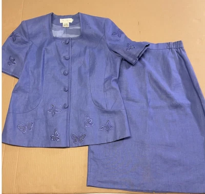Винтажный Anne французский 14 фиолетовый вышитый льняной 2 изделия комплект куртка на пуговицах - Изображение 1 из 4