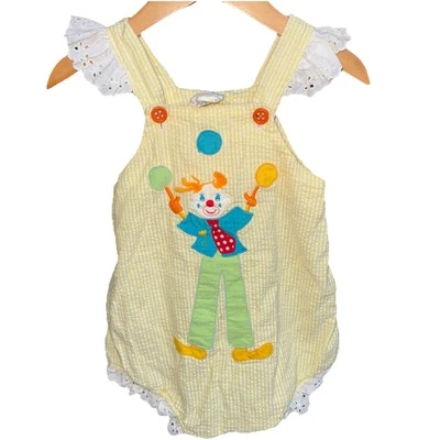 Vintage Nannekins By Nannette Girl Yellow Gingham Clown Romper 6-9 Months Lace - Image 1 of 4
