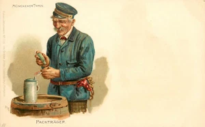 Postal temprana Munchener Typen Packtrager Porter tomando tabaco con piedra de cerveza - Imagen 1 de 2