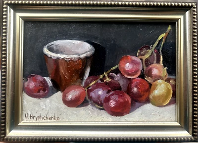 Bodegón Original Pintura al Óleo Uvas y Jarrón Cerámico Vintage Foto 1 de 4