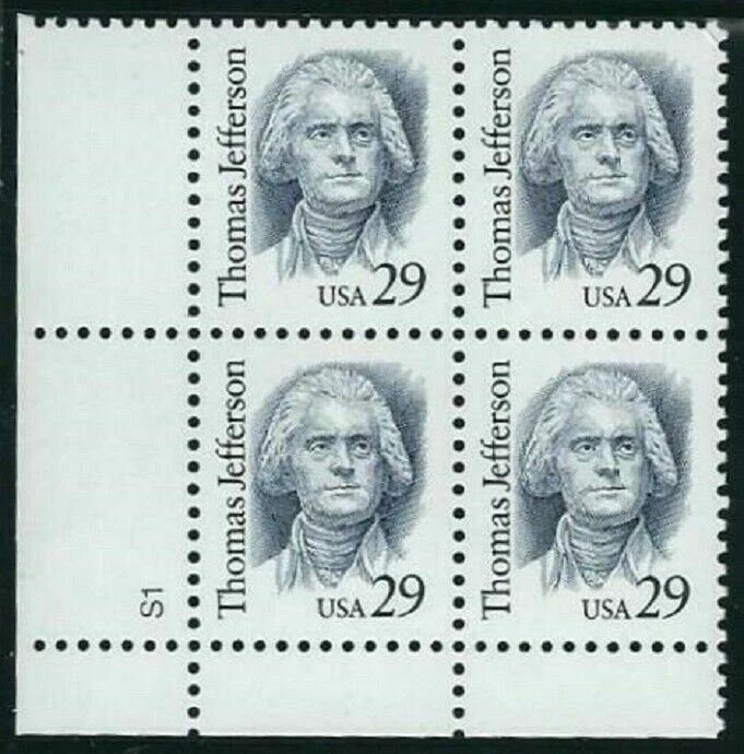 Thomas Jefferson Mint NH Plate # Block Scott #2185 - Изображение 1 из 1