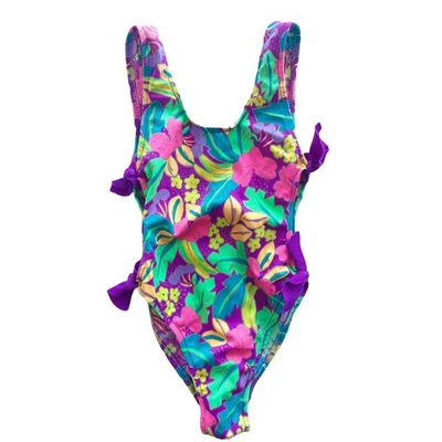 Traje de baño vintage de una pieza con corbata lateral floral colorida para niñas talla 2 años 90 Foto 1 de 4