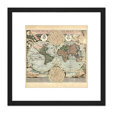 Map Antique Homann 1716 Earth Hemispheres Old Replica Square Framed Art 8X8 In