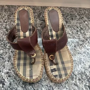 Burberry Brown Leather Nova Check Platform Wedges Espadrilles Rope Wedge Size 39 - Picture 1 of 11