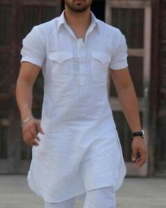 Indian Traditional Men's Fashion Shirt Men's Long Kurta Cotton Dress Kurta Shirt