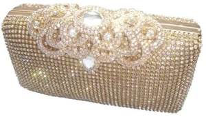 Gold Crystal Diamond Diamante Evening bag Clutch Purse Party Prom Eid Wedding - Picture 1 of 14